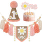 Ereniko Boho Pink Daisy Handmade Burlap Birthday High Chair Banner Wild One Cake Topper Birthday Cone Hat Happy Birthday Party D