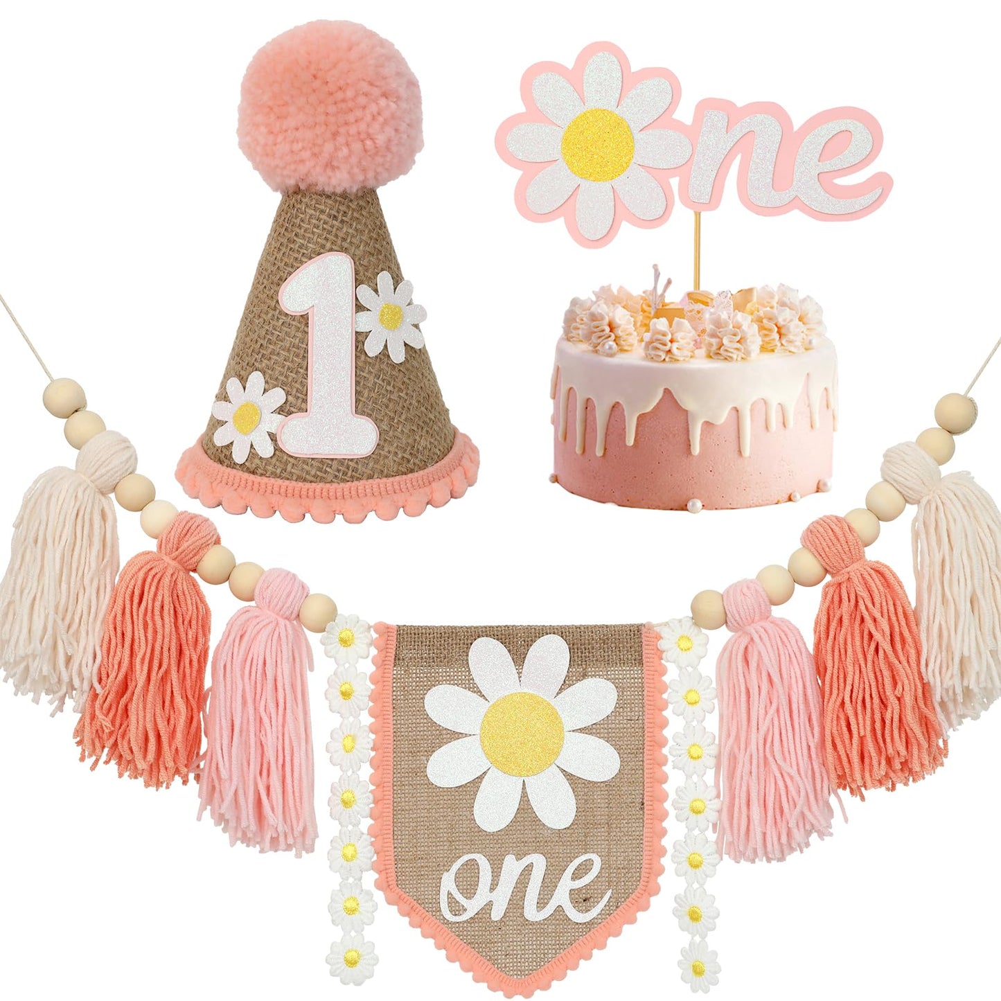 Ereniko Boho Pink Daisy Handmade Burlap Birthday High Chair Banner Wild One Cake Topper Birthday Cone Hat Happy Birthday Party D