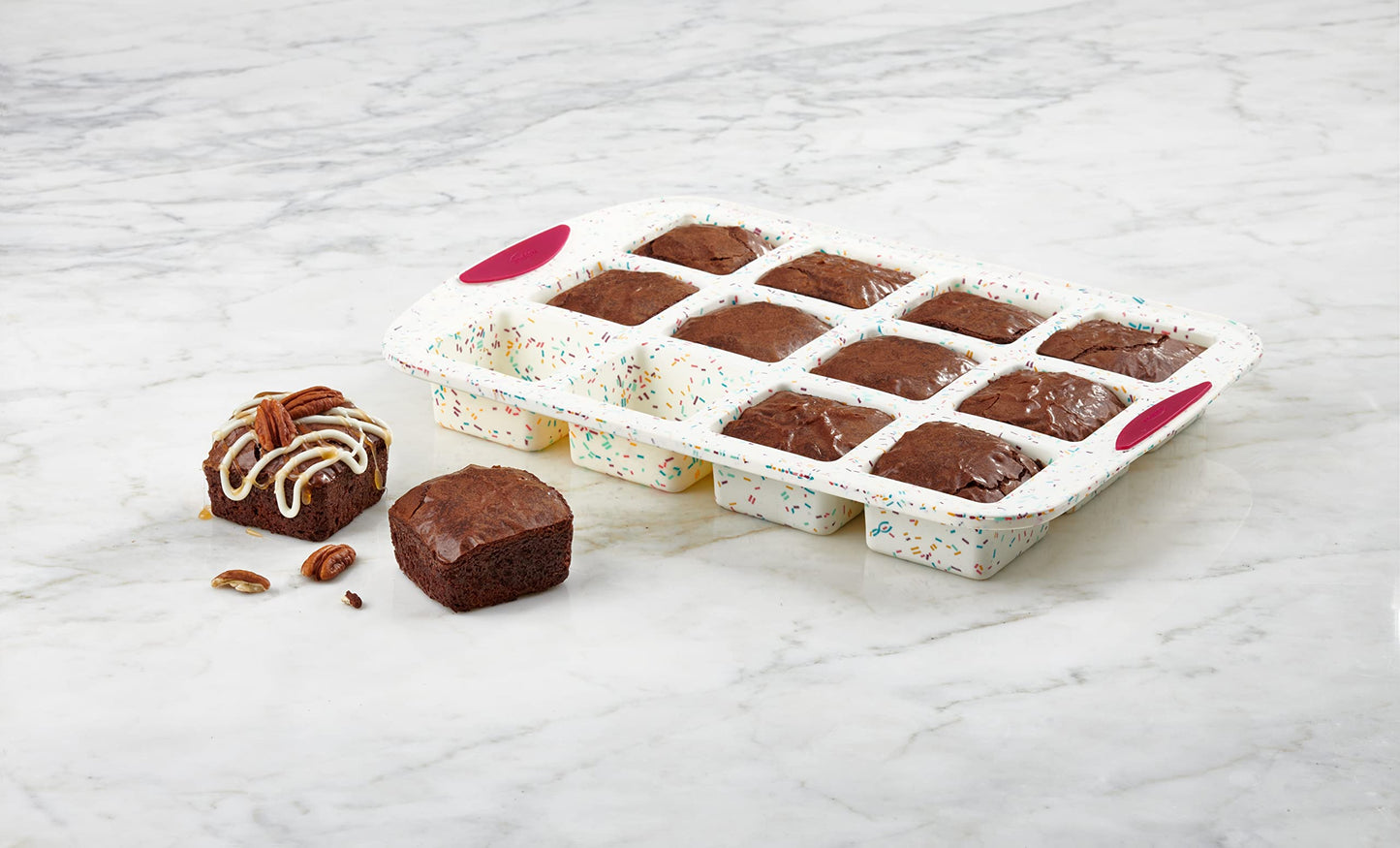 Trudeau Brownie Pan, 12 Cavity Nonstick Bakeware, Silicone, White Confetti/Fuchsia, Model 05120125, Dishwasher Safe
