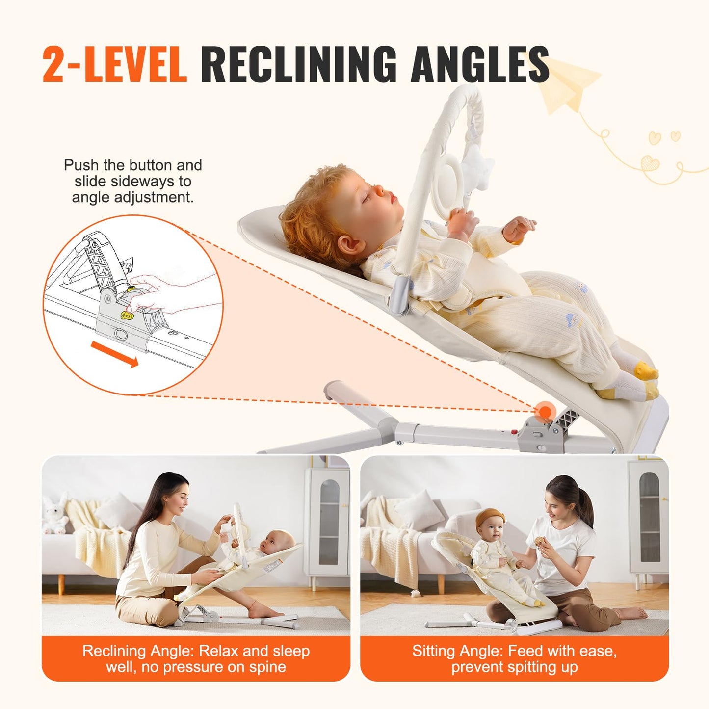 Vevor Baby Bouncer, Folding Bouncer Seat For Babies 0-9 Months, Baby Bouncer With 2 Reclining Angles & Rotatable Toy Bar, Portab