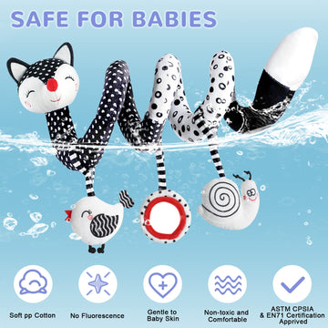 Euyecety Baby Spiral Plush Toys, Black White Stroller Toy Stretch & Spiral Activity Toy Car Seat Toys, Hanging Rattle Toys For Crib Mobile, Newborn Sensory Toy Best Gift For 0 3 6 9 12 Months Baby-Fox