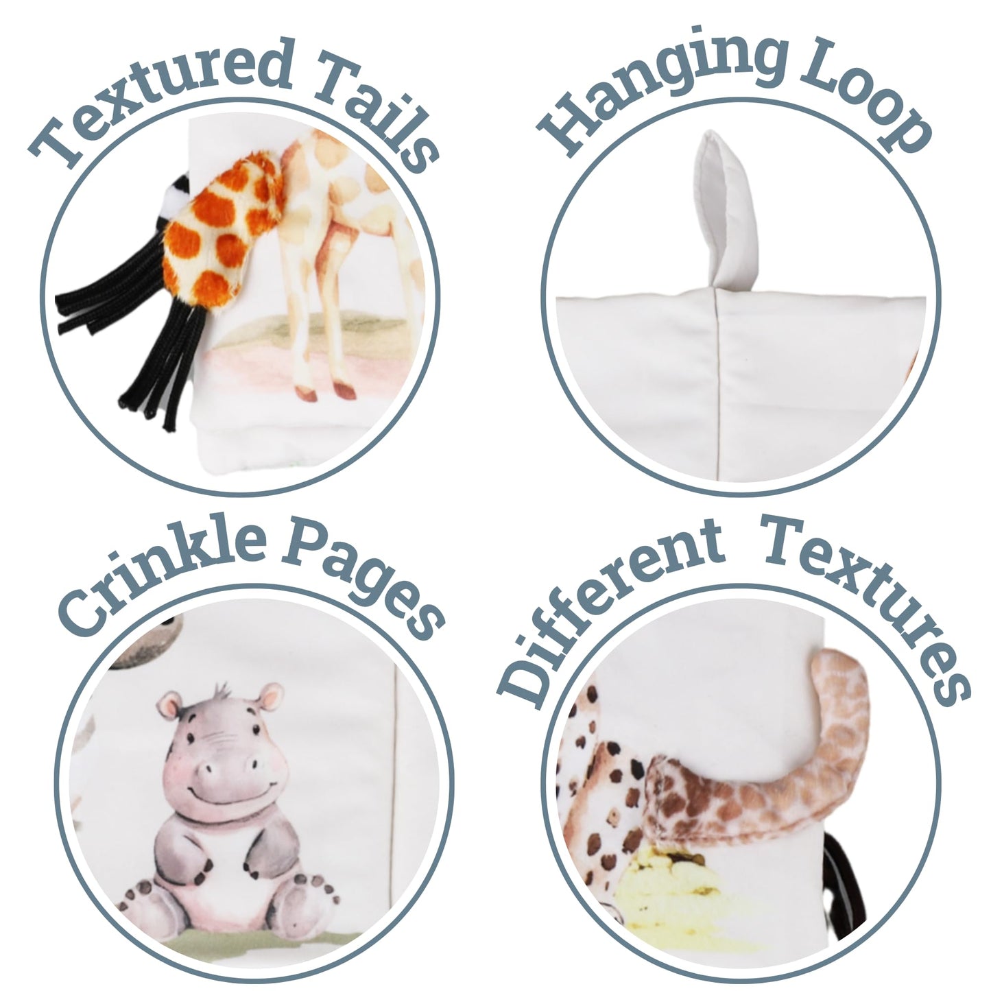 Ali+Oli Baby Cloth Book - Soft Sensory Crinkle Toy for Infants 0-12 Months - BPA Free Silicone - Safari Friends - Standard Size - White