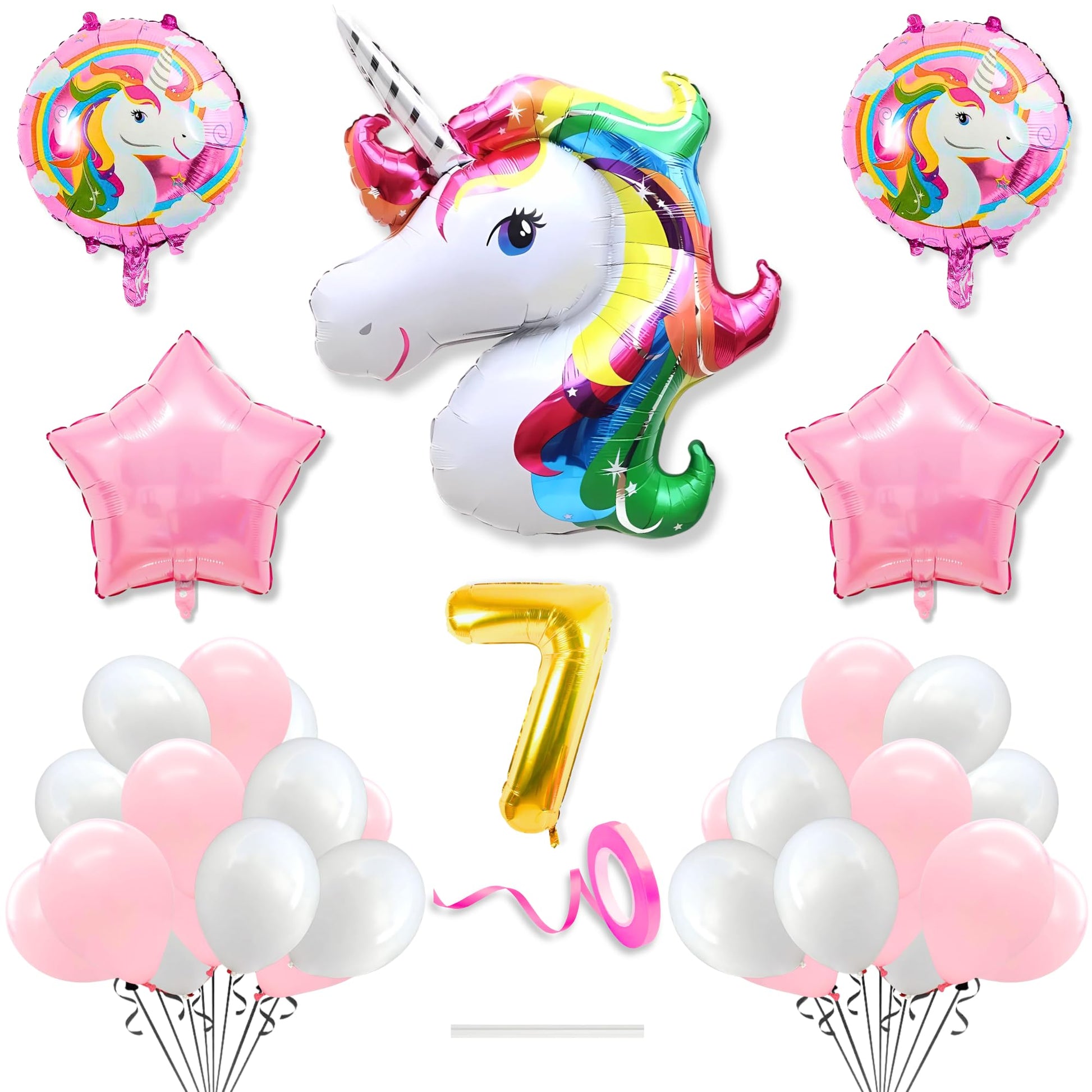 Flyloons 7Th Unicorn Theme Birthday Decoration Kit Pink White For 7 Year Old Baby Boys Girls Kids 5 Pcs Unicorn Theme 30 Pcs Pas