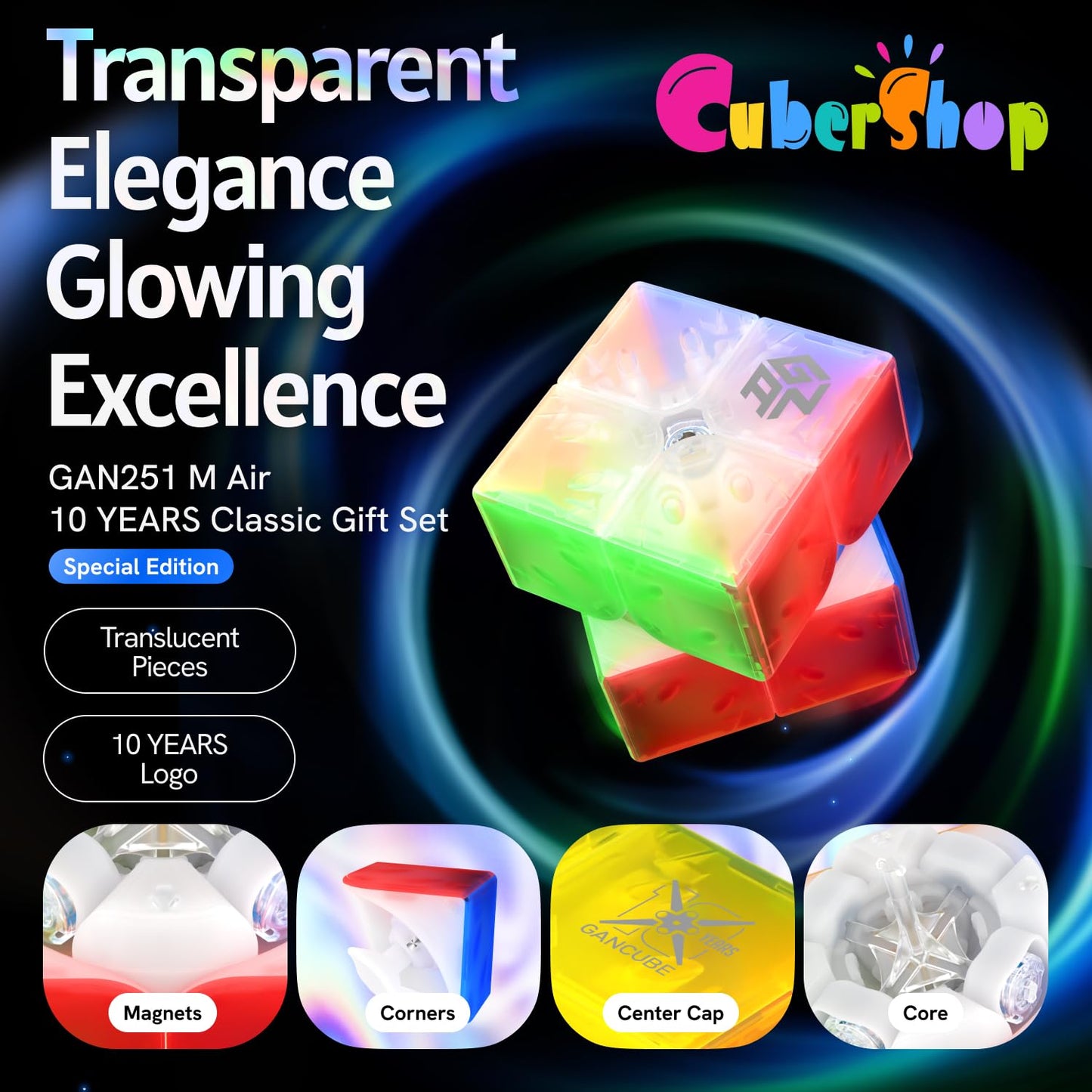 CuberShop GAN 251 M Air (10th Anniversary Special Edition) 2x2 Magnetic Speed Cube  Gans 2025 Transparent Plastic 10 Anniversary  Smooth & Fast 2 by 2 Collectible  GAN 251M Air (Transparent UV Coated)