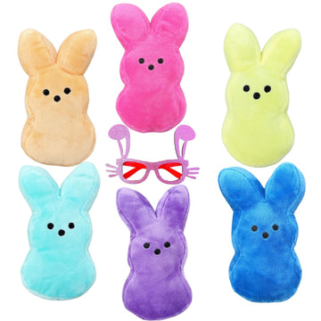 Rorweinooye 6-Inch Stuffed Animal Easter Bunny Plush Toys (6 Pcs) With Bonus Fun Cartoon Glasses - 7-Piece Set For Kids, Easter