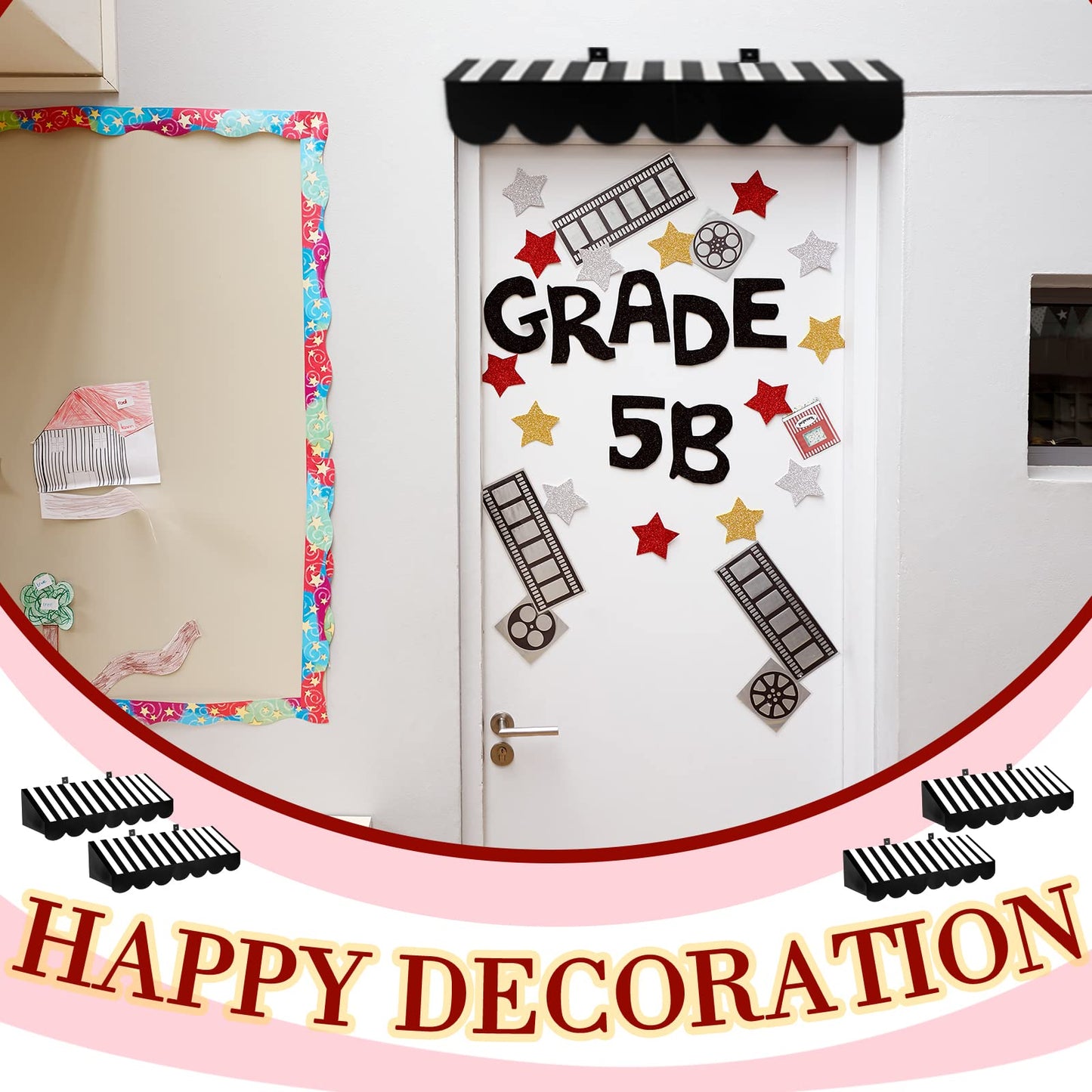 4 Pcs 3D Circus Awning Wall Decoration Carnival Stripes Awning for Carnival Theme Party Classroom Decorations(Black, Striped Sty
