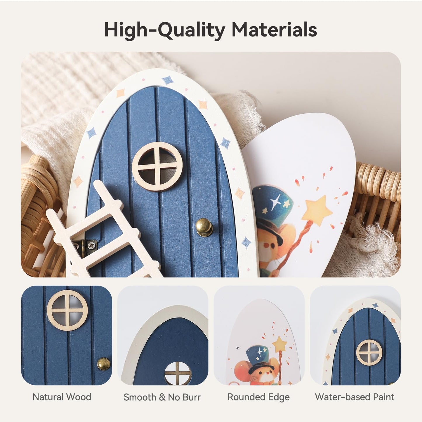 Wooden Magical Fairy Doors - Openable Tooth Elf Door with Mouse Elf & Ladder, Tiny House Doors for Kids Imaginative Play, Handma
