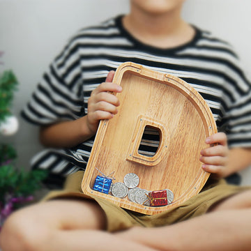 Piggy Bank For Kids Boys Girls, Large Personalized Wooden Letter Piggy Bank With Cut-Out Design, Alphabet Letter Coin Banks, Money Savings Box, Wooden Bank For Kids Creative Gift For Real-Money(D)
