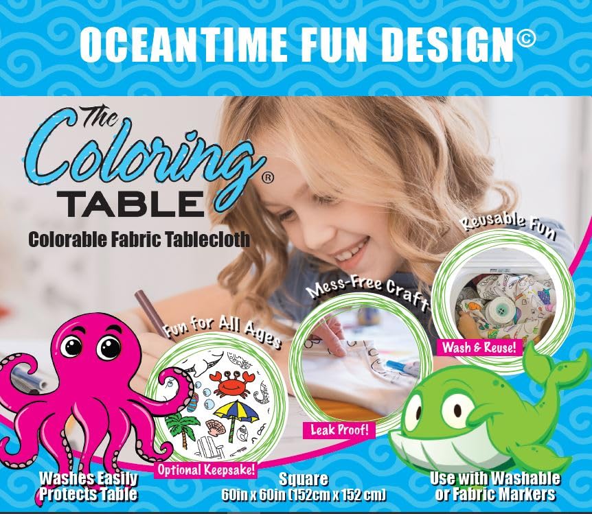Oceantime Fun Design - Square Tablecloth 60   X60    - Interactive Coloring Tablecloth for Kids - Poly/Cotton Fabric - Washable