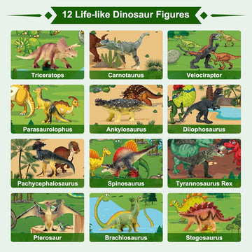 Fruse Jurassic Dinosaur Toys Figures,12 Pcs Realistic Large Dinosaur Figurines With Jumbo Play Mat & Information Dino Book,Educa