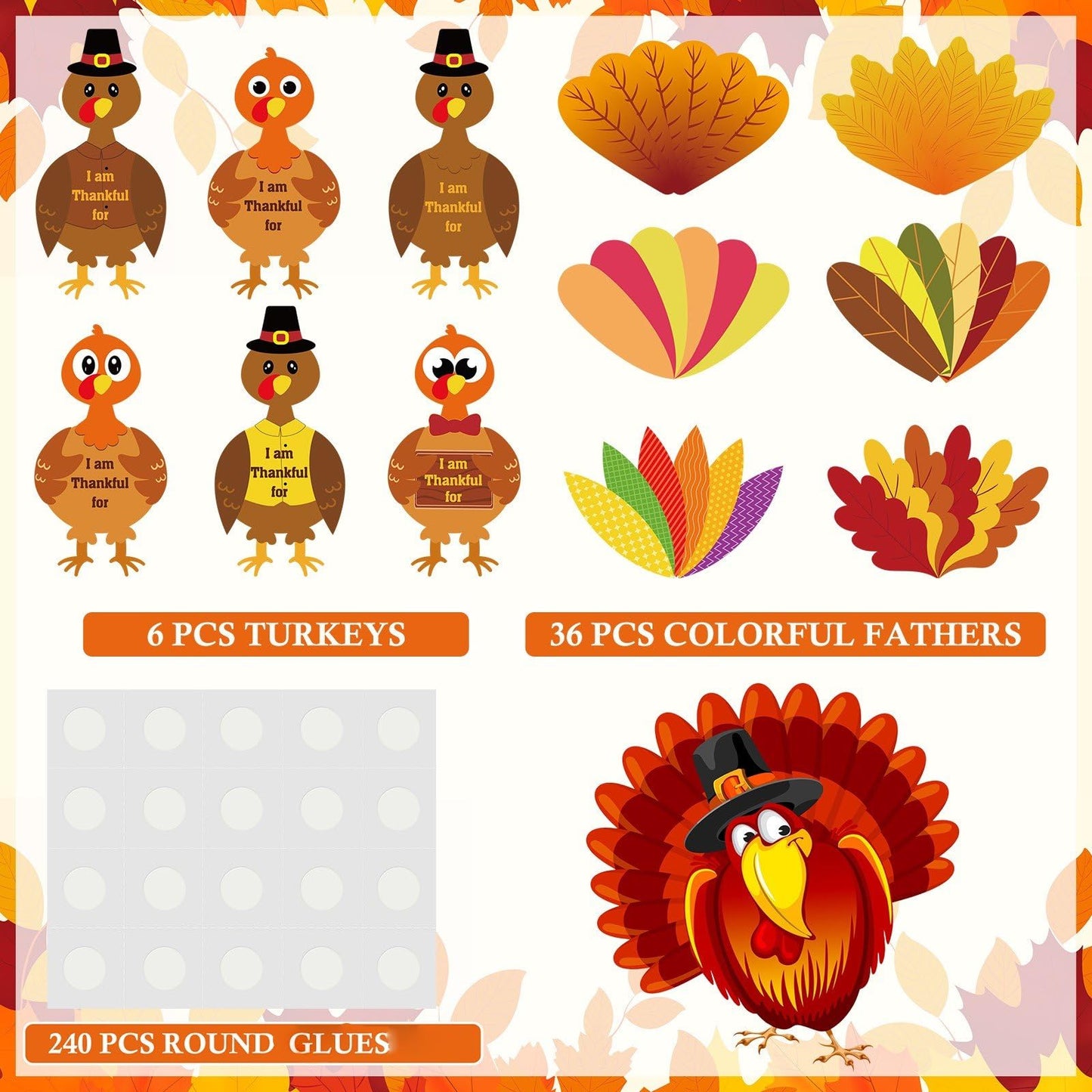AmazingSpark 36 Sets 252 Pcs Thanksgiving Turkey Craft Kit Thanksgiving Crafts Turkey Paper Card Thankful Cards Decor with Glue