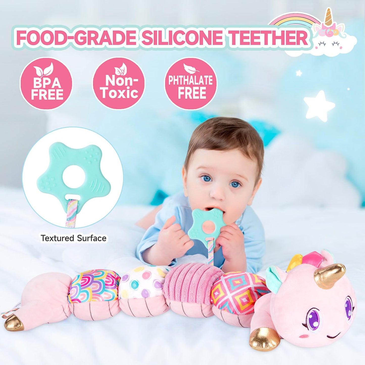Unicorn Baby Toys 6-12 Months, Musical Infant Toys With Sensory Crinkle And Rattle For Tummy Time Newborn, Baby Girl Toys For 0-