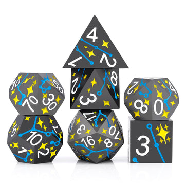 PJOY Metal Dice Set D&D Star DND Dice Set Polyhedral Dice for RPG Role Playing Games Dungeons and Dragons TTRPG Black Yellow Blu