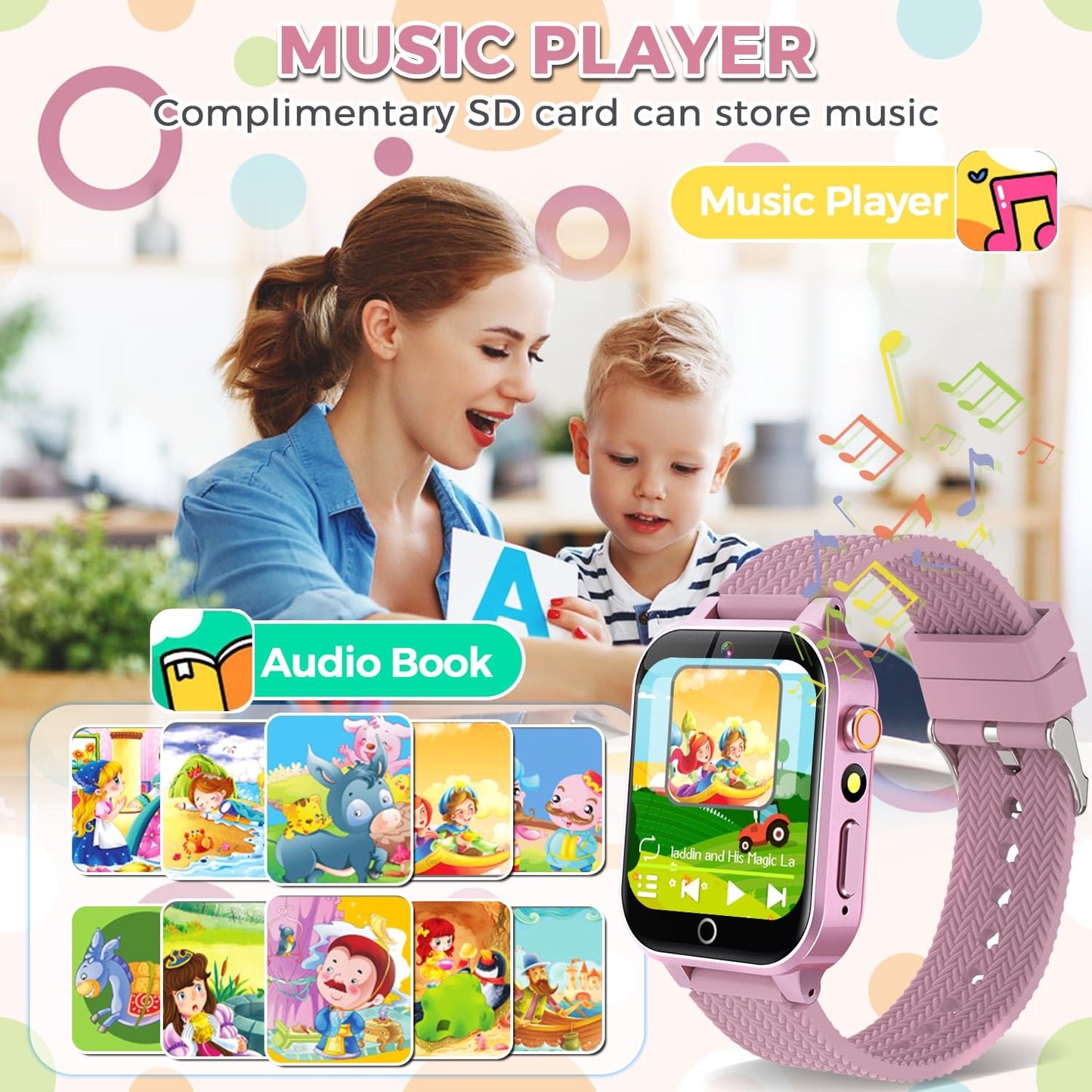 Kids Smart Watch for Girls Age 3-12 with 26 Games Audiobook Learning Cards HD Video Camera Touchscreen Music Player Pedometer Metal Case Kids Watch Toy Birthday Gift with 2 Screen Protector (Pink)