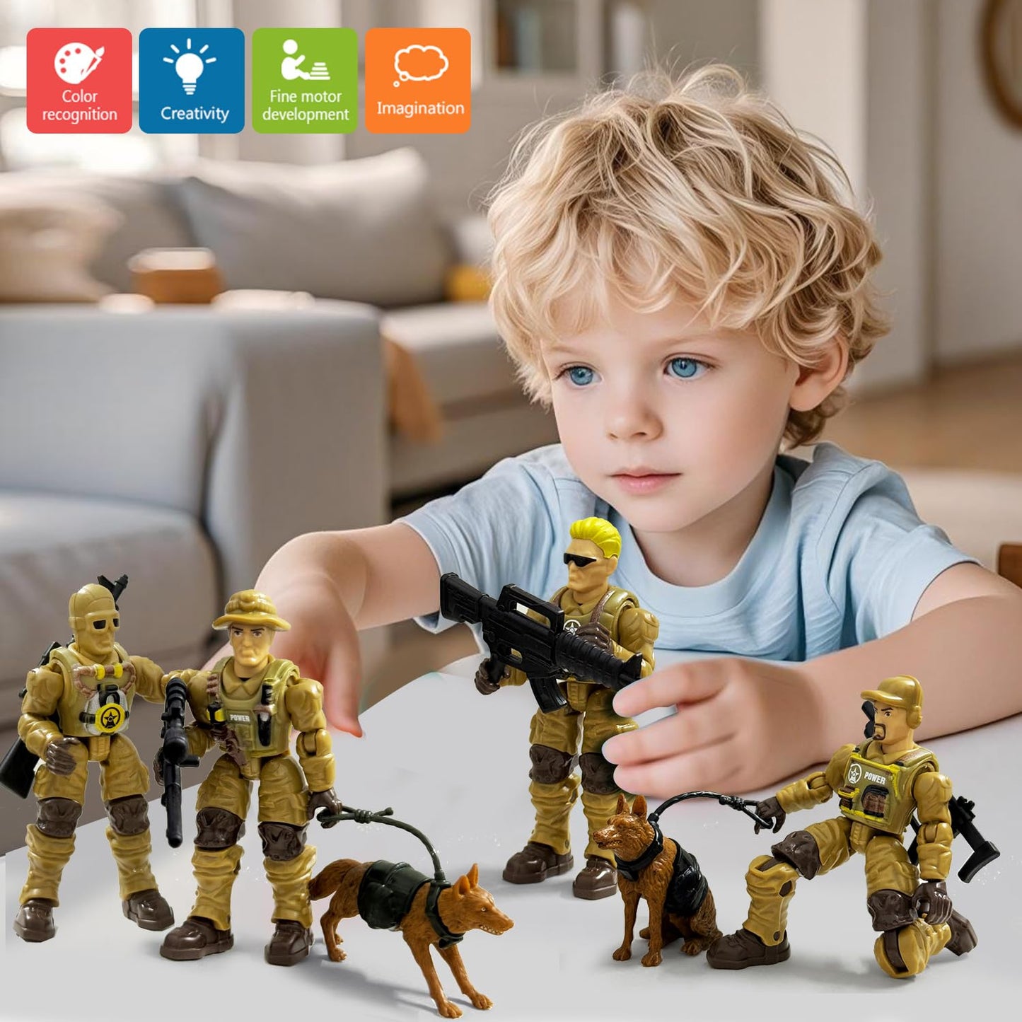 Baimiby Army Men Action Figures 6 Pack Army Toy Soldiers for Boys Age 3+ Military Playset Action Figure with 2 Dogs and  Army Toy Set Birthday Gift for Toddler Boy 6-8