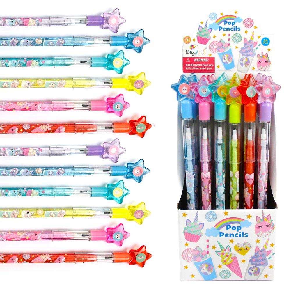 TINYMILLS 24 Pcs Unicorn Donuts Cupcakes Stackable Pencil with Eraser for Unicorn Girl Birthday Party Favor Prize Carnival Goodi