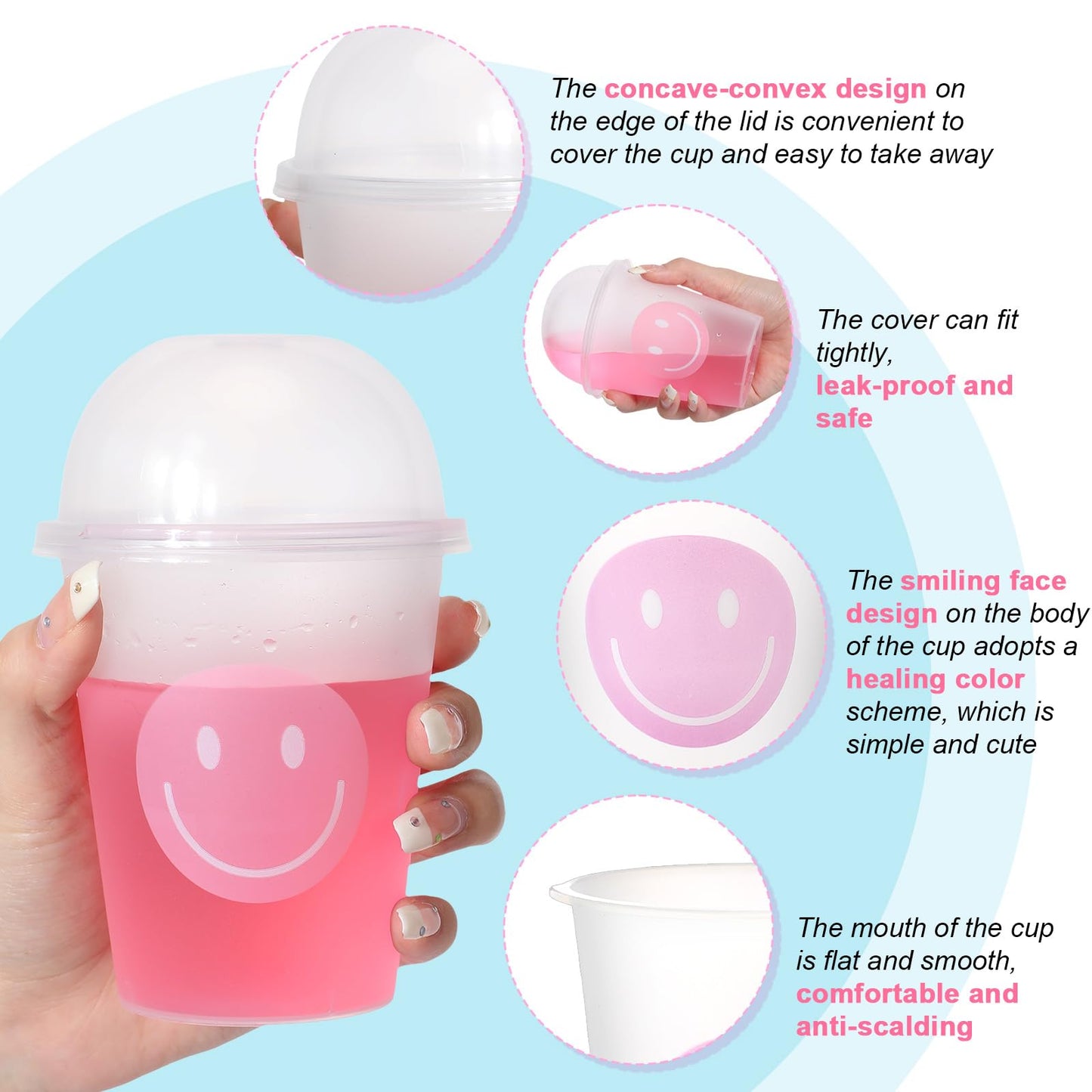Yaomiao 32 Pack Smile Face Sipper Cups with Straws and Lids, 12 oz Clear Plastic Cups Happy Face Party Cups with Dome Lids Happy