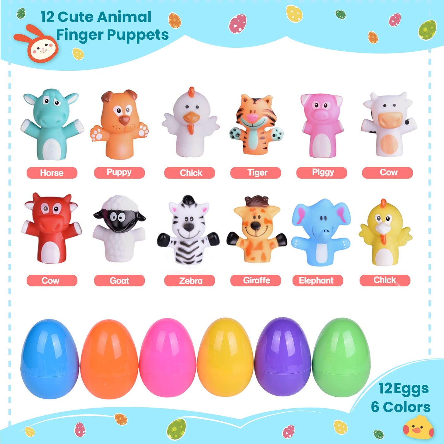 Fun Little Toys 12 Pcs Easter Eggs Prefilled With Animal Finger Puppets, Easter Party Favors, Easter Basket Stuffers, Fillers Ea