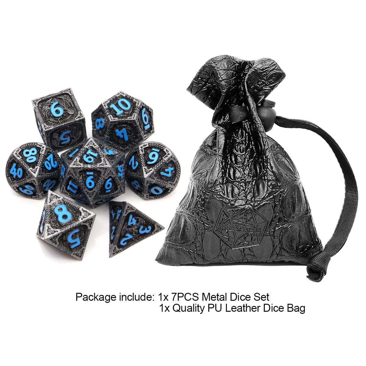 Haxtec Metal DND Dice Set Black Blue Dragon D&D Dice Set with Leather Dice Bag Metal Polyhedral Dice for Dungeons and Dragons Gi