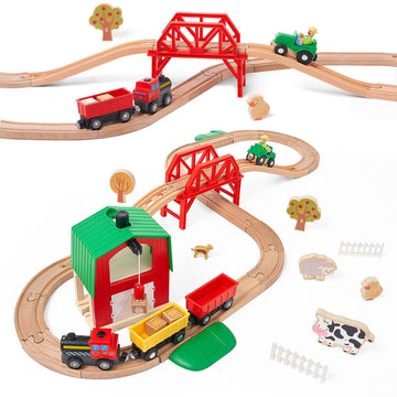 Giant Bean Wooden Farm Train Set - 42PCS Battery Operated Railway Track with Bridge & Animals, 5"x5"x3", Multi Color, Model GA20087