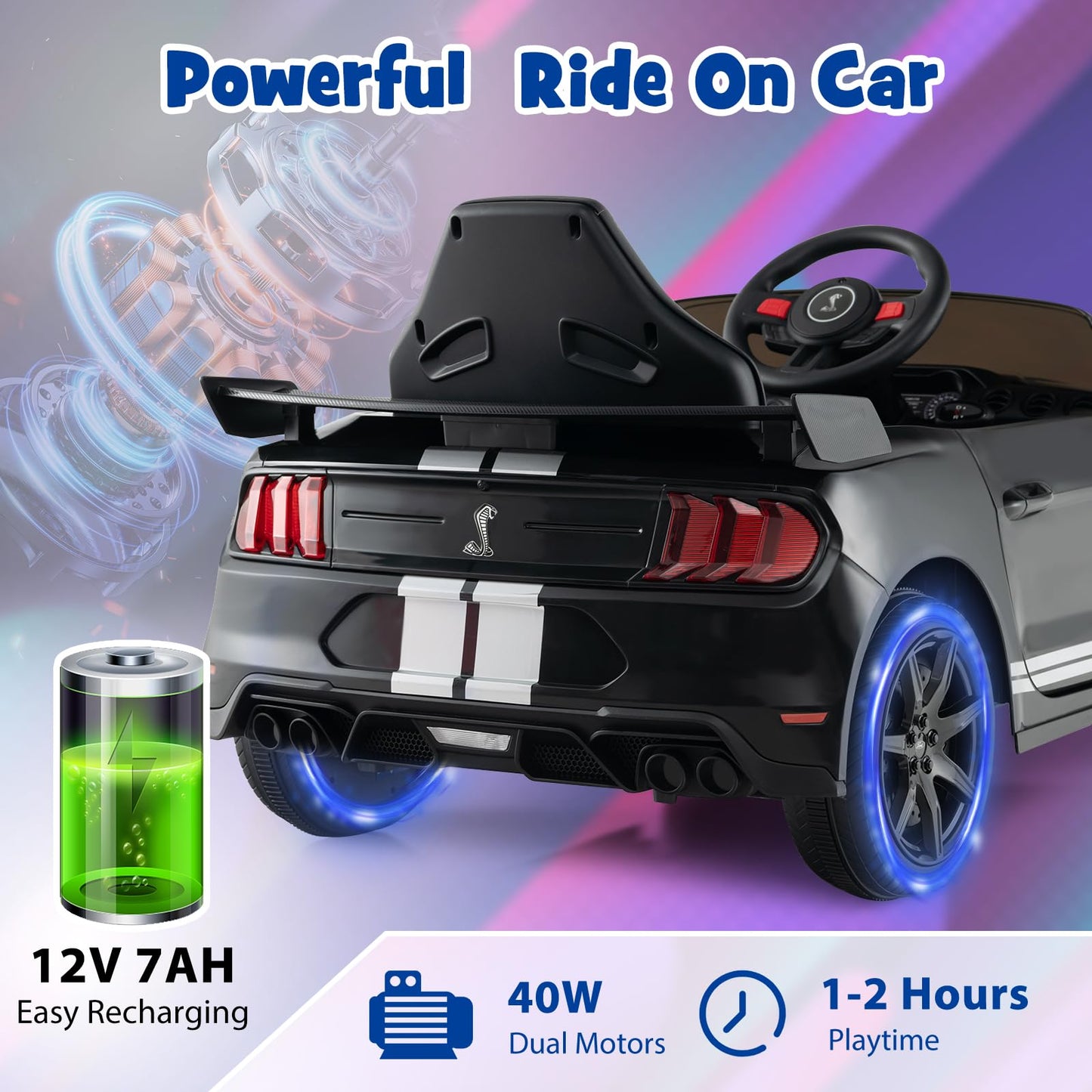 Costzon 12V Ford Mustang Shelby GT500 Ride-On Car with Remote Control, USB, Radio, Music - Large, Black