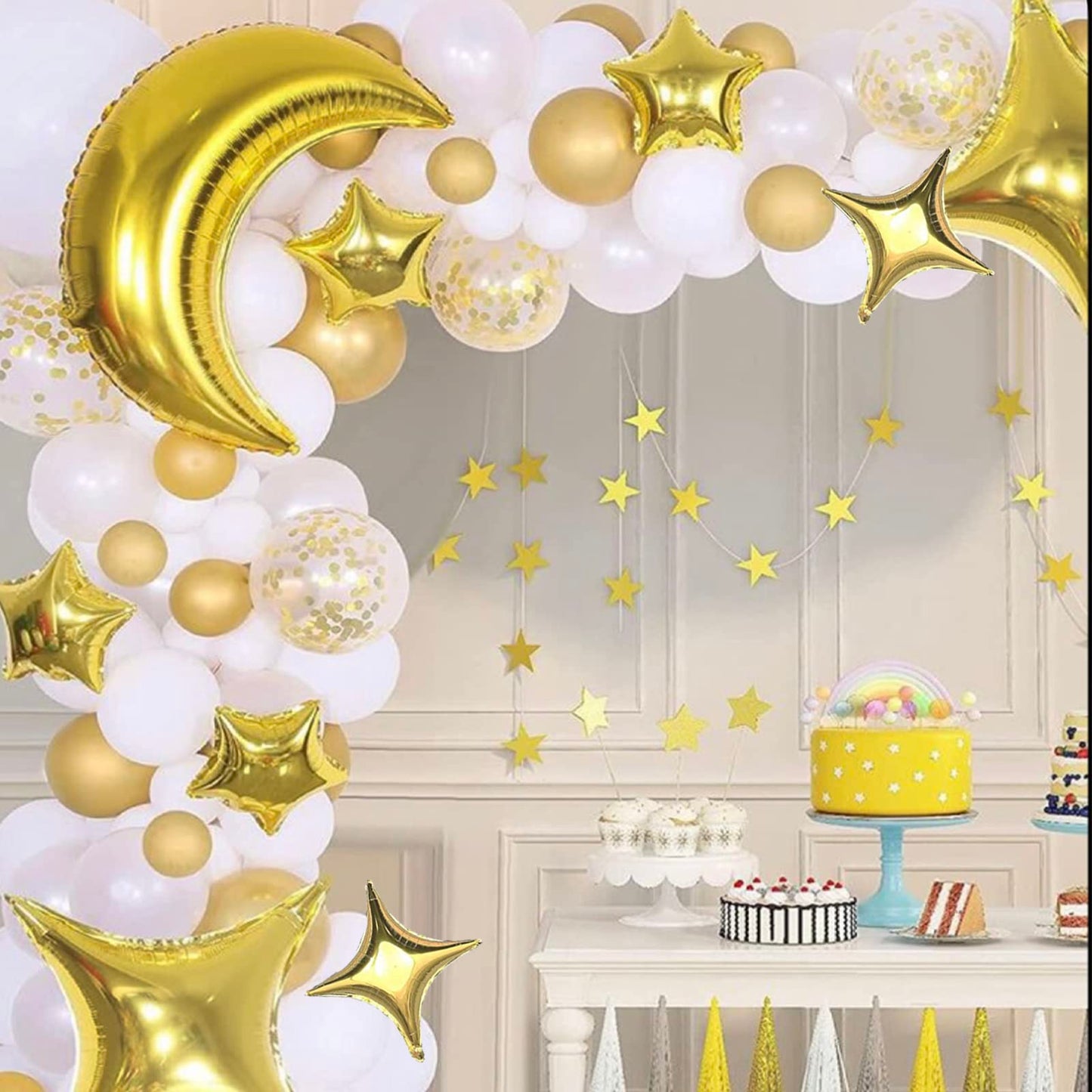 54Pcs Star Foil Balloons Moon Foil Mylar Balloons Kit With 50Pcs Gold Star Balloons And 4Pcs Large Moon Foil Balloons For Baby S