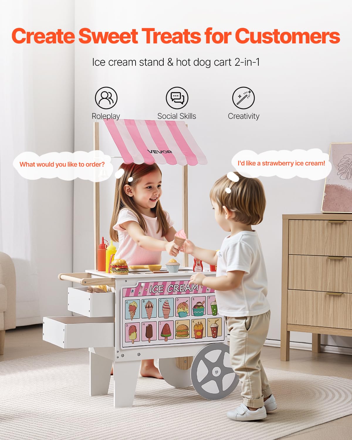 VEVOR Ice Cream Cart for Kids, 20+ PCS Accessories, Pretend Play Ice Cream Shop Kitchen Food Toys with Ice Cream Cone & Popsicle