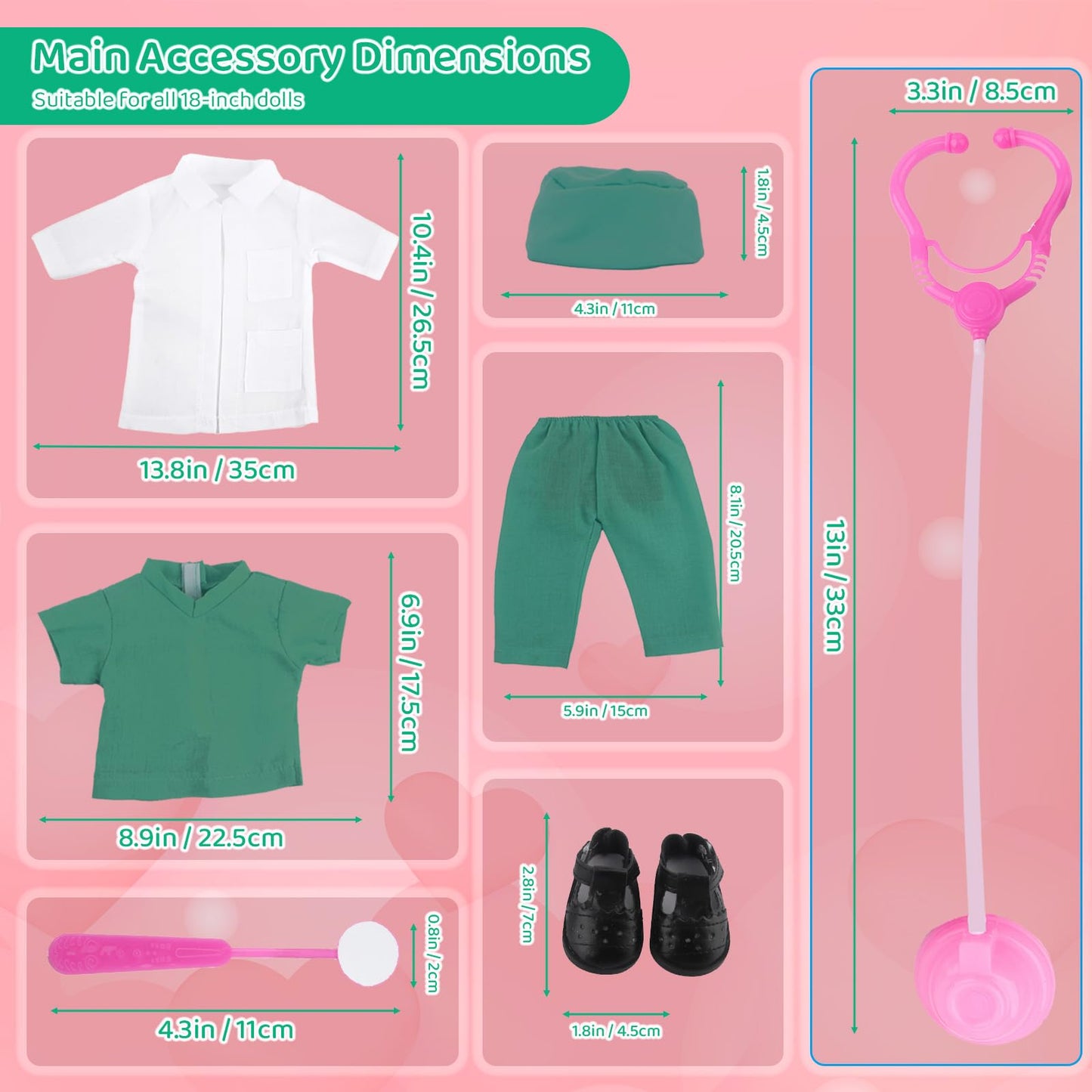 Msyo Doll Doctor Outfits And Medical Kit Accessories For 18 Inch Fashion Dolls, Includes White Coat, Green Scrubs, Doctor Surgic