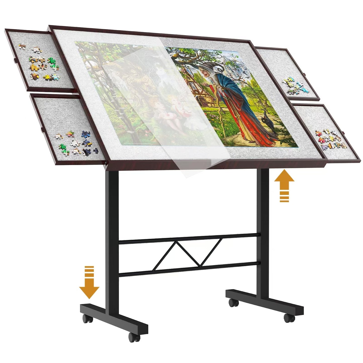 RAGOZONERY Jigsaw Puzzle Table, Adjustable Height, 1500 Pieces, Wood, 34x26in, Coffee Color, with Cover and 4 Drawers