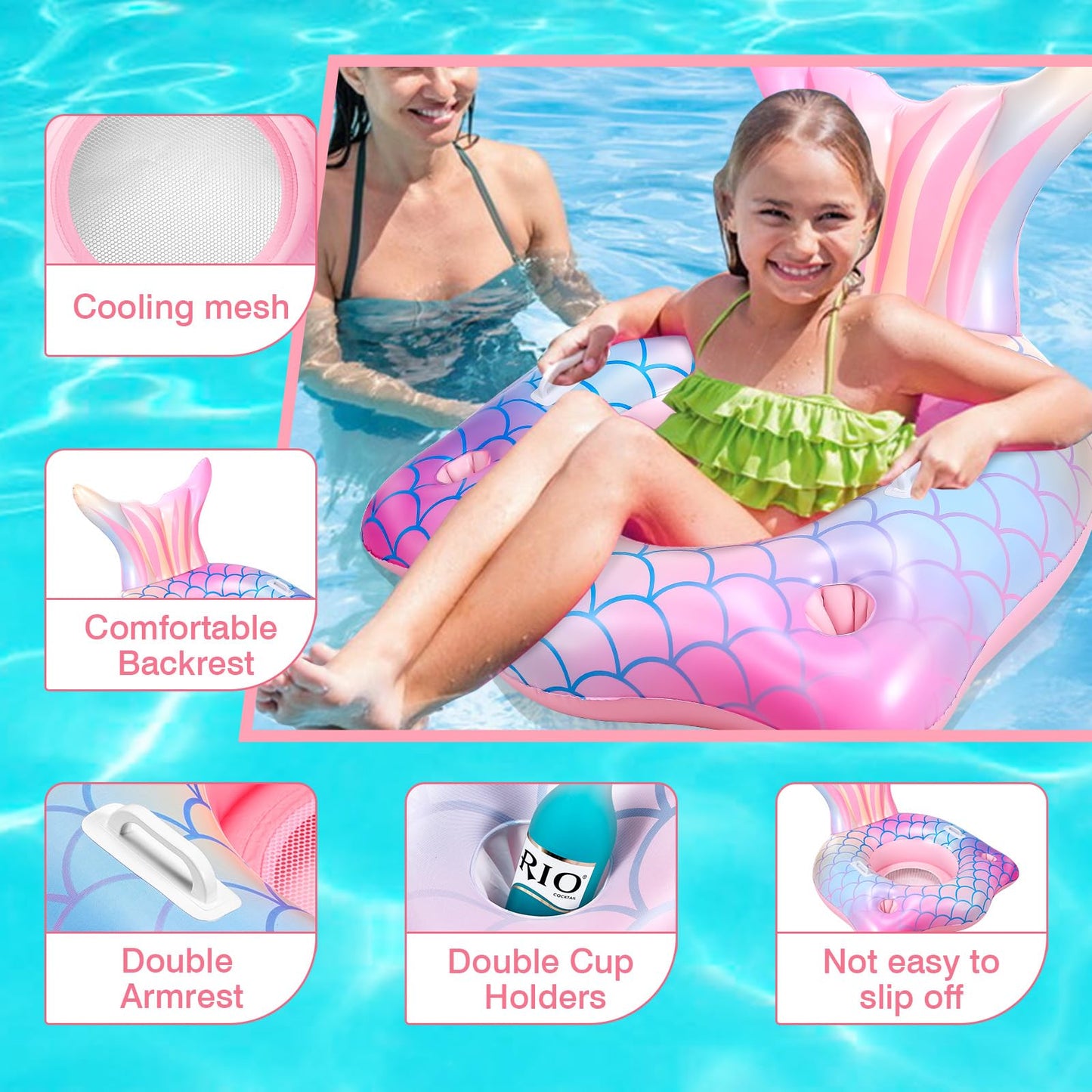 Mermaid Tail Inflatable Pool Float Chair With 2 Cup Holders, Armrests, Pink Swimming Pool Party Lounge Raft Decorations Toys For