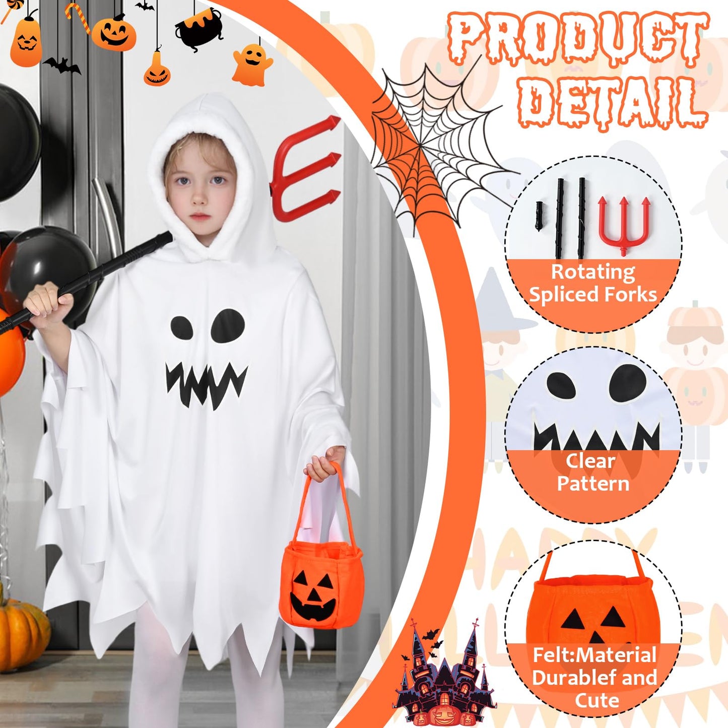 Forfamy Ghost Costume Kids Glow in the Dark Hooded Cloak White Halloween Costumes Spooky Trick or Treating Cosplay Poncho (White  10-12 Years)