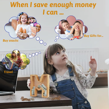 Piggy Bank For Kids Boys Girls, Large Personalized Wooden Letter Piggy Bank With Cut-Out Design, Alphabet Letter Coin Banks, Money Savings Box, Wooden Bank For Kids Creative Gift For Real-Money(X)