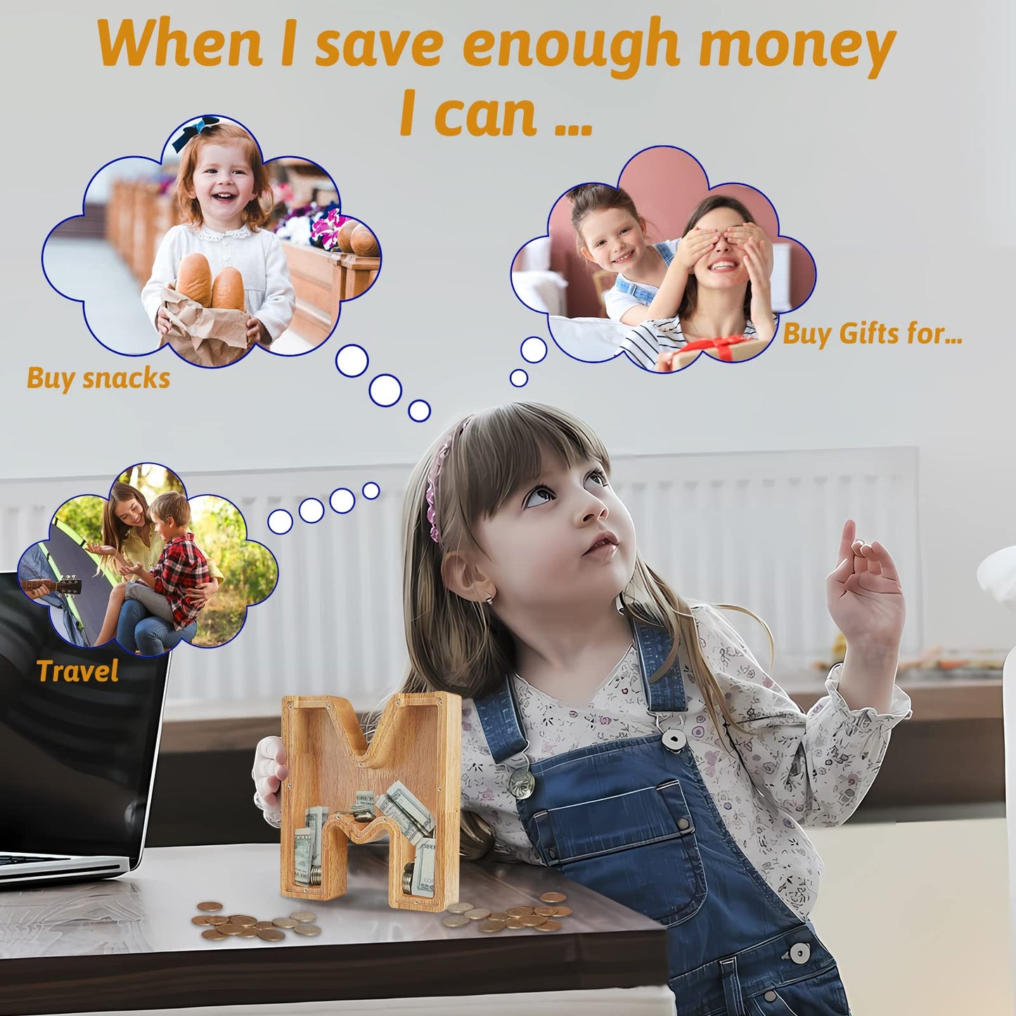 Piggy Bank For Kids Boys Girls, Large Personalized Wooden Letter Piggy Bank With Cut-Out Design, Alphabet Letter Coin Banks, Money Savings Box, Wooden Bank For Kids Creative Gift For Real-Money(L)