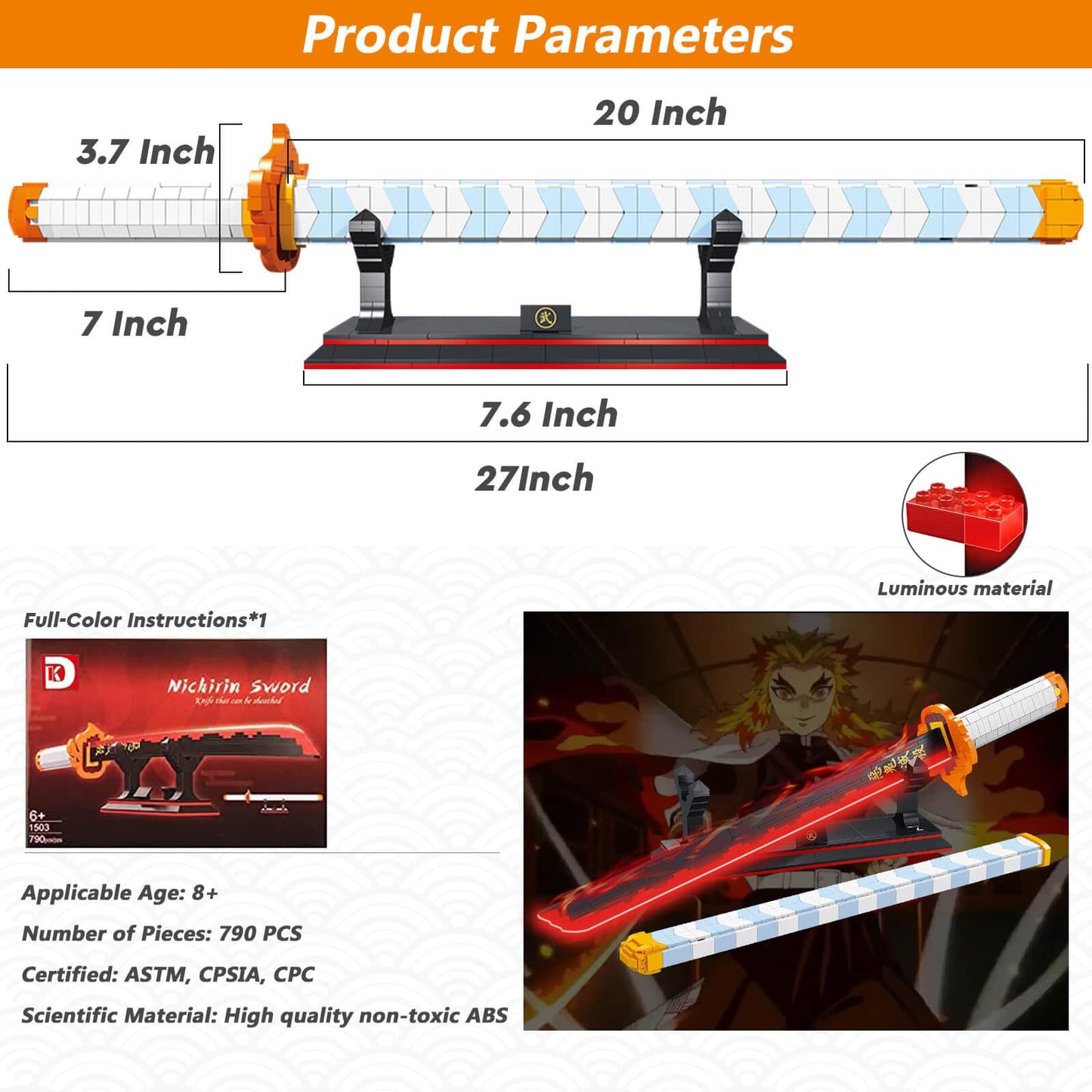 HIGH GODO Rengoku Kyoujurou Anime Sword Building Set, 27in Plastic Model, 790 Pieces, Includes Scabbard and Stand, Cosplay for Teens and Adults