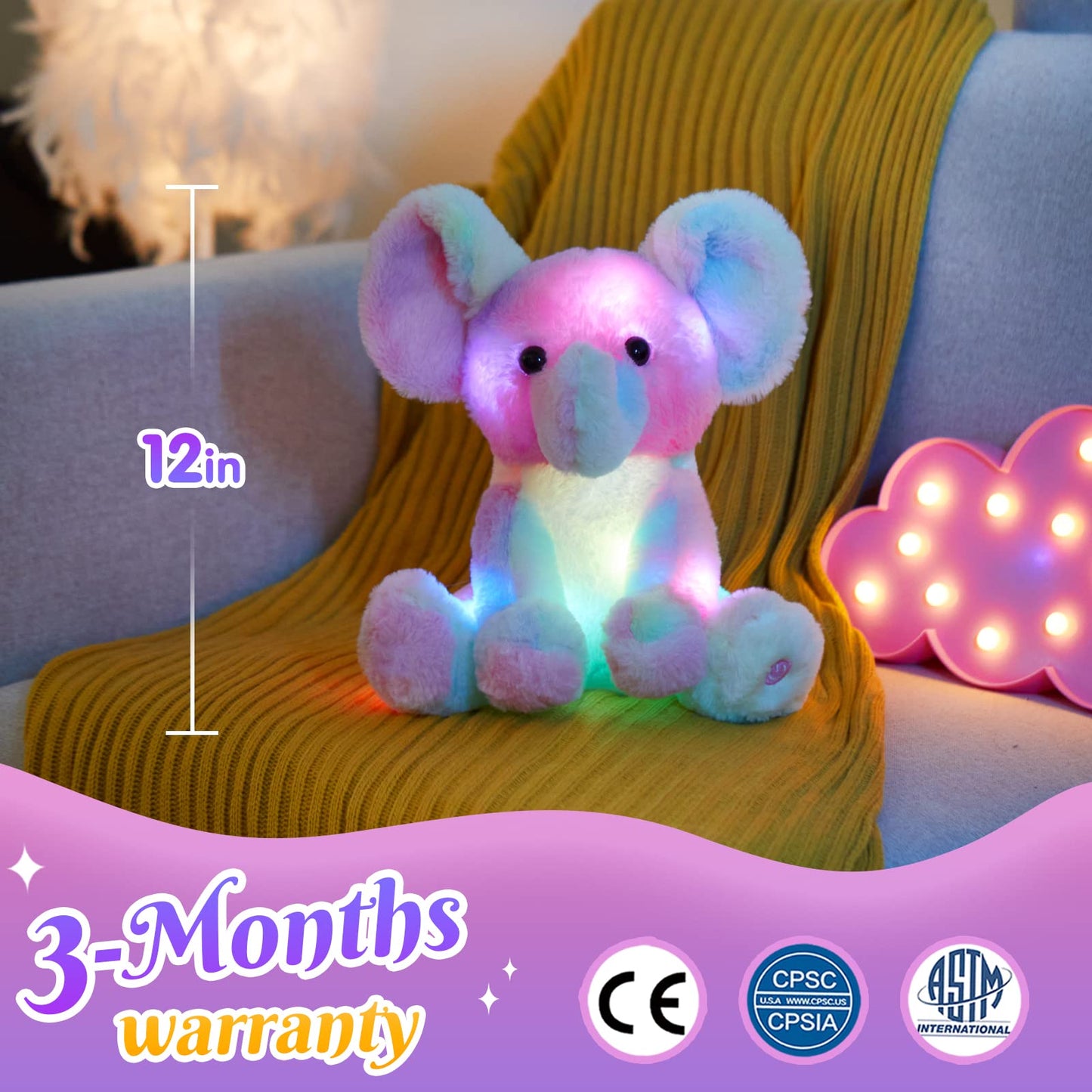 Glow Guards Light Up Rainbow Elephant Stuffed Animal,Soft Glowing Led Wildlife Animal Plush Toy With Night Lights &Lullaby,Ideal Gift Birthday Children'S Day For Toddler Kids,12''