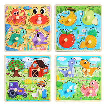 Grinnnie Wooden Toddler Puzzles, 1 2 3 Years Old Learning Montessori Peg Puzzle Toy Set For Toddlers, 4 Pcs Educational Portable Size Travel Knob Puzzle Toys, Gift For 1-3 Boy Girl Birthday Christmas