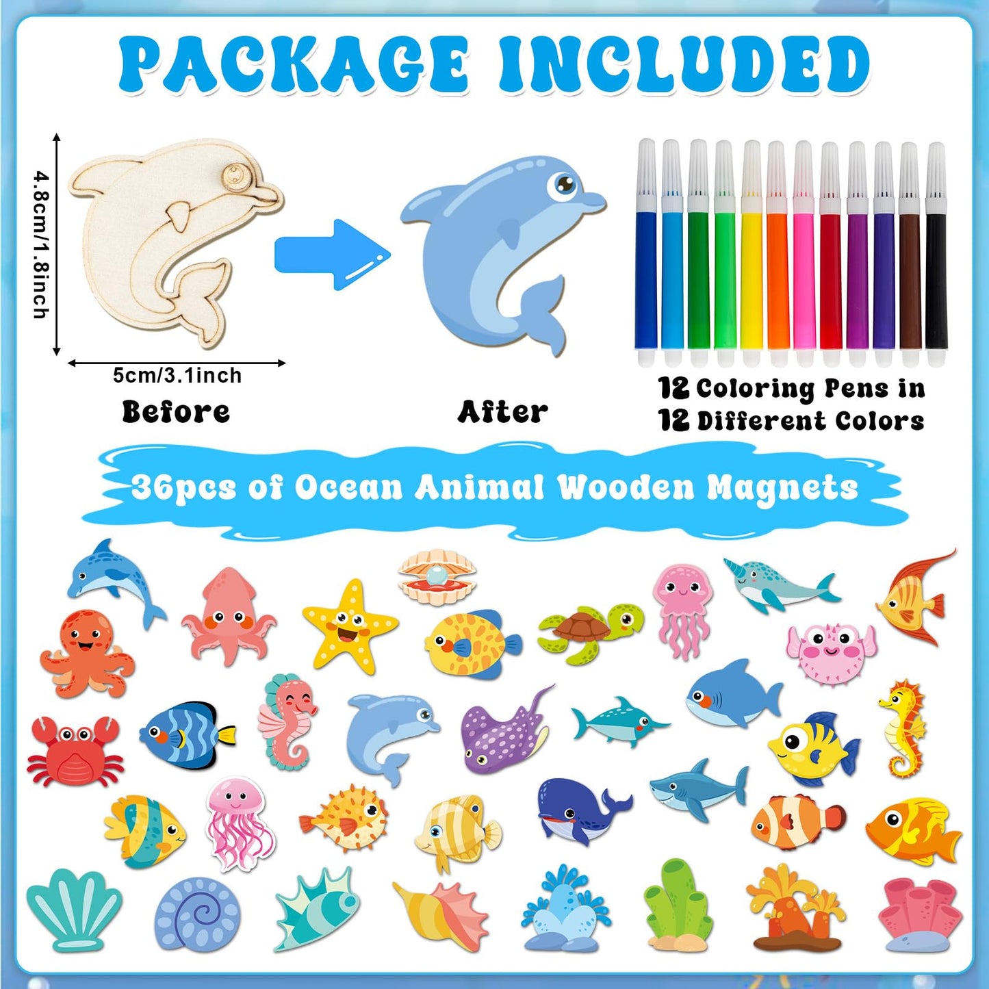 gisgfim 36Pcs Wooden Magnet Painting Craft Kit DIY Wooden Ocean Animal Magnets Coloring Arts Crafts for Kids Ages 4-8 8-12 for B