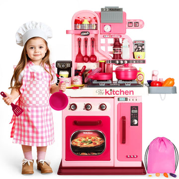 DRAMATION Kids Kitchen Playset, 27.1 Inches Play Kitchen with Sound and Light, Kitchen Set for Toddlers 1-3 3-5, Cooking Stove,