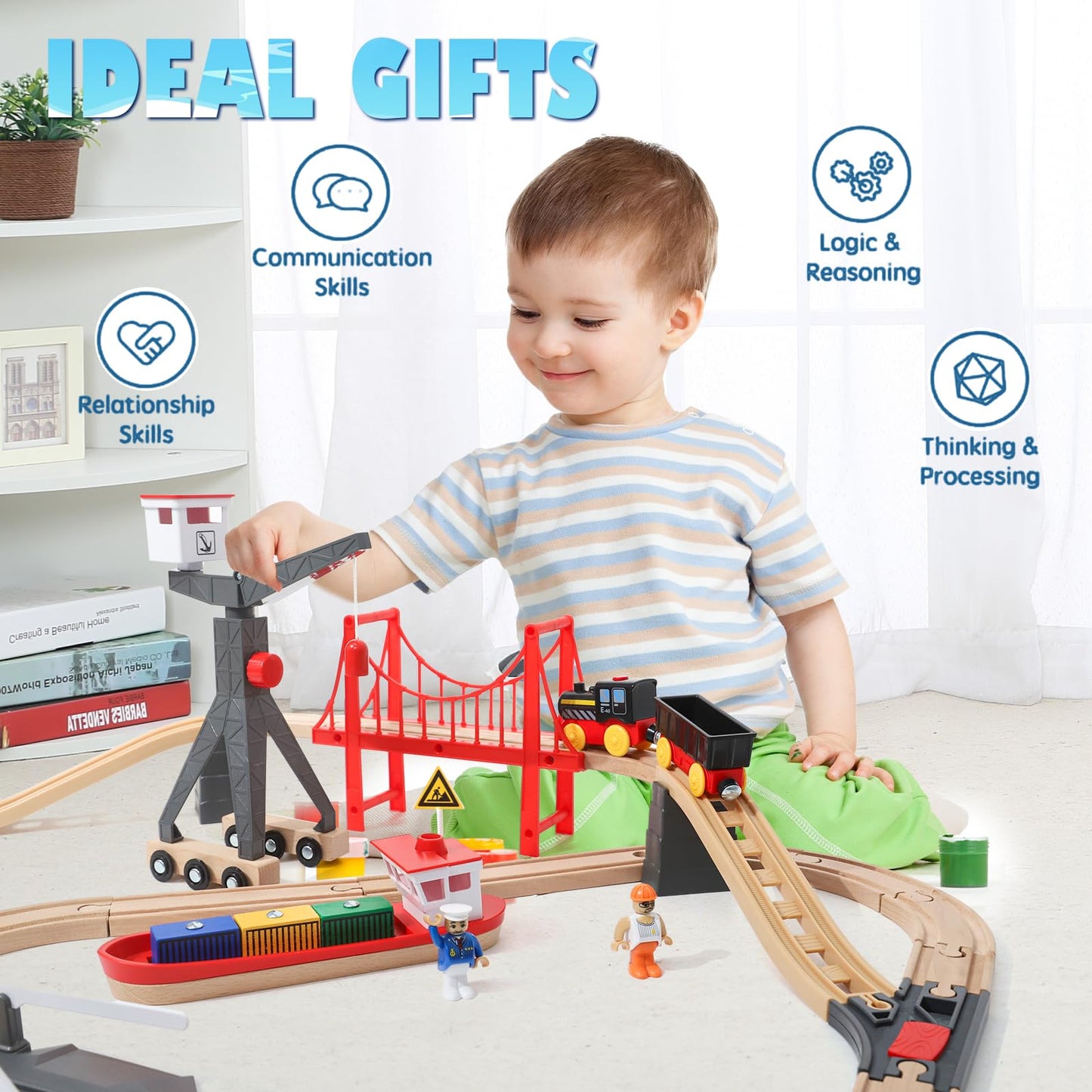 Wdmiya Wooden Train Set for Toddlers  57 Pcs Wooden Train Track for Kids  Train Toy with Bridge and Tracks (Fits Thomas & Brio)  Birthday Trains Gift for 2 3 4 5 6 7 8 Years Old (Harbor)