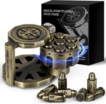 Metal Dice Set for DND with Spinning Revolver Shaped Dice Holder, Polyhedral Bullet Dice Set of 7, Gift for Dungeons and Dragons