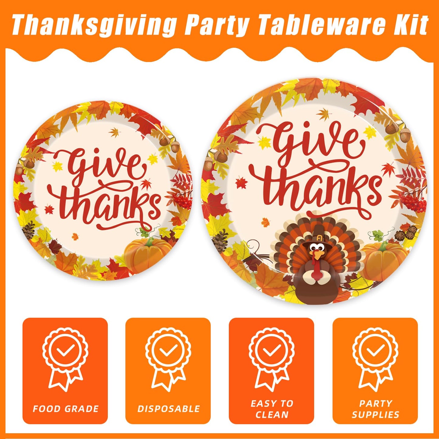 Kepeel 96 Pcs Fall Thanksgiving Party Supplies Give Thanks Party Plates Fall Pumpkin Turkey Autumn Party Plates Napkins Set Disp