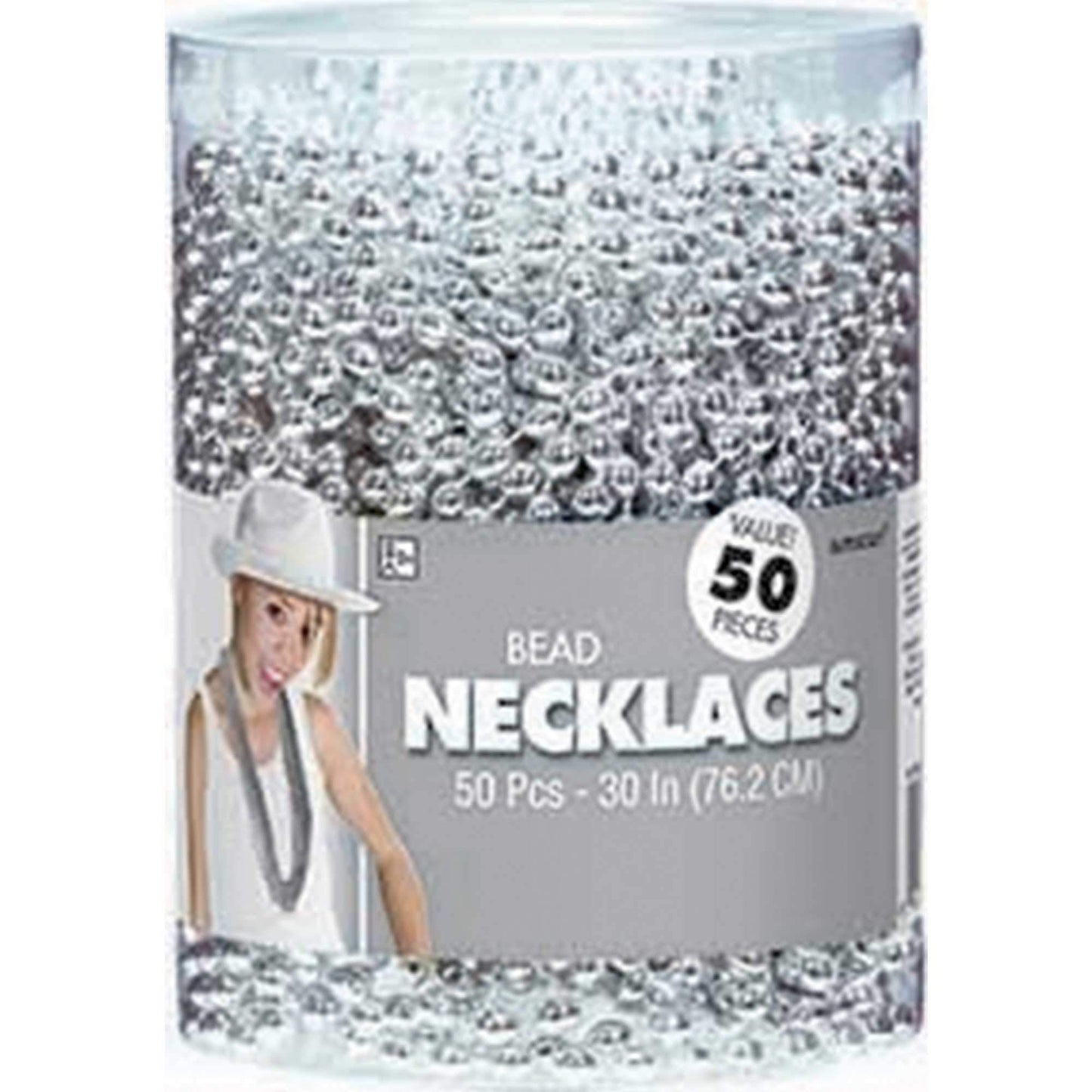 Amscan Metallic Oval Bead Party Necklaces, 50 Ct, 30'', Silver