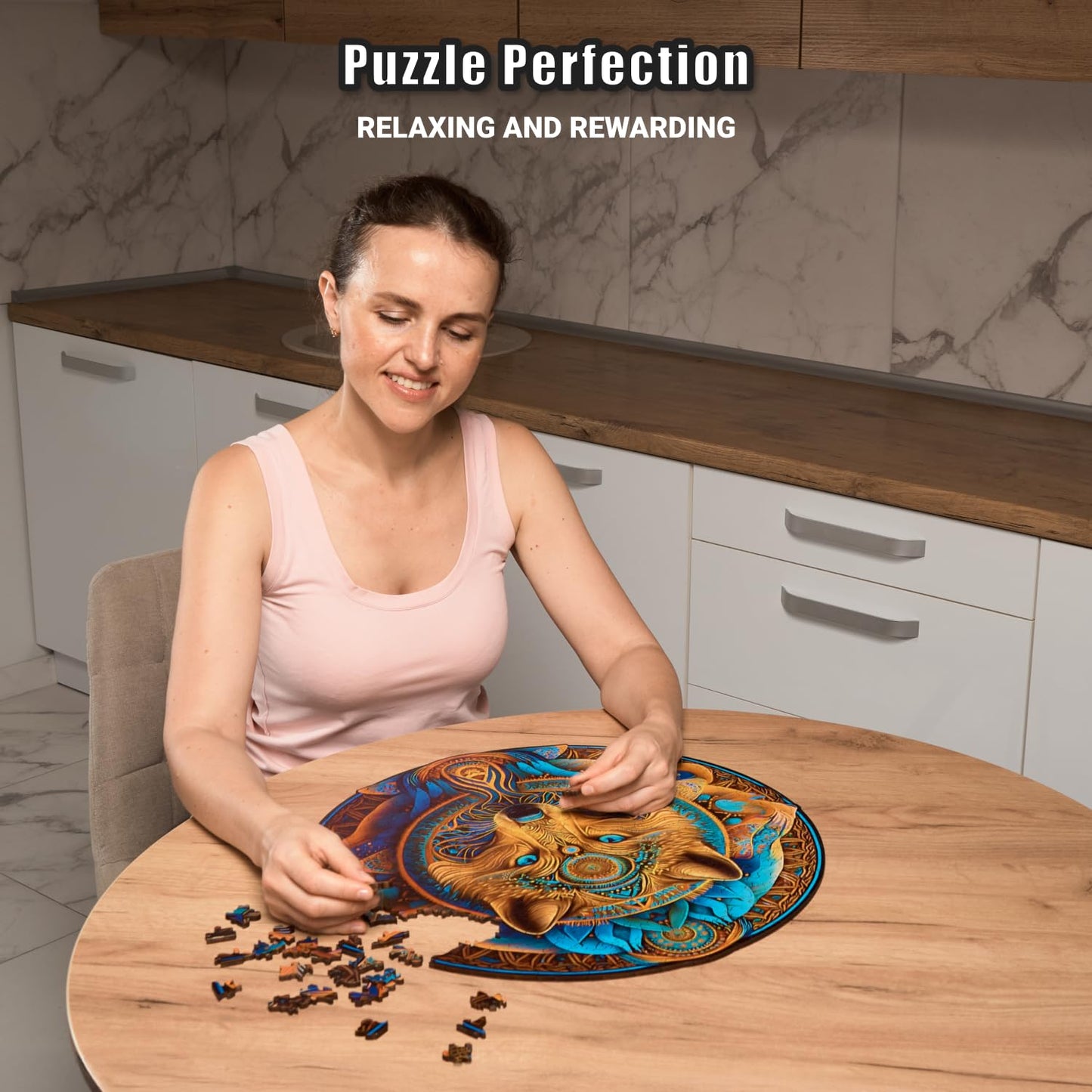 Wolf Enchantment - 500 Piece Wooden Puzzles for mature-themeds - 18 x 17.7 in - Extra-Thick 5 mm Wood Puzzle  Hand-Shaped Pieces  Round XL Mosaic Design - enhanced Gift for Puzzle Lovers by LEOGOR