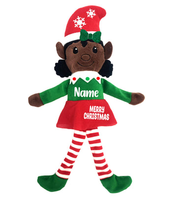 Custom Elf, Custom Christmas Elves, Elf Doll Plush Dolls (Girl Dark Skin Tone)