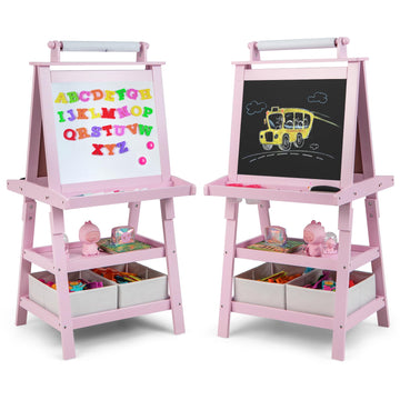 Honey Joy Art Easel For Kids, 3-In-1 Double-Sided Wooden Toddler Easel W/Magnetic White Board & Chalkboard, Paper Roll, 2 Storage Bins, Painting Dry Erase, Kids Easel For Boys Girls Aged 3+ (Pink)