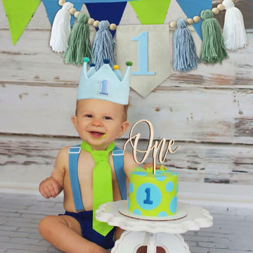 Baby 1St Birthday Party Decorations For Handmade Tassel Garland Highchair Banner With One Cake Topper Blue Crown Hat
