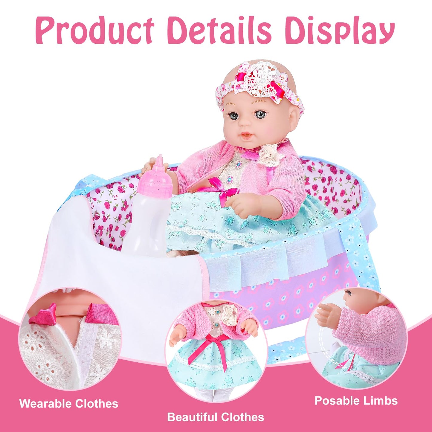 Uzidbto Realistic Baby Dolls 12 Inch Girl Baby Doll With Accessories And Clothes Includes Blanket,Carrier Bassinet Bed,Pacifier,