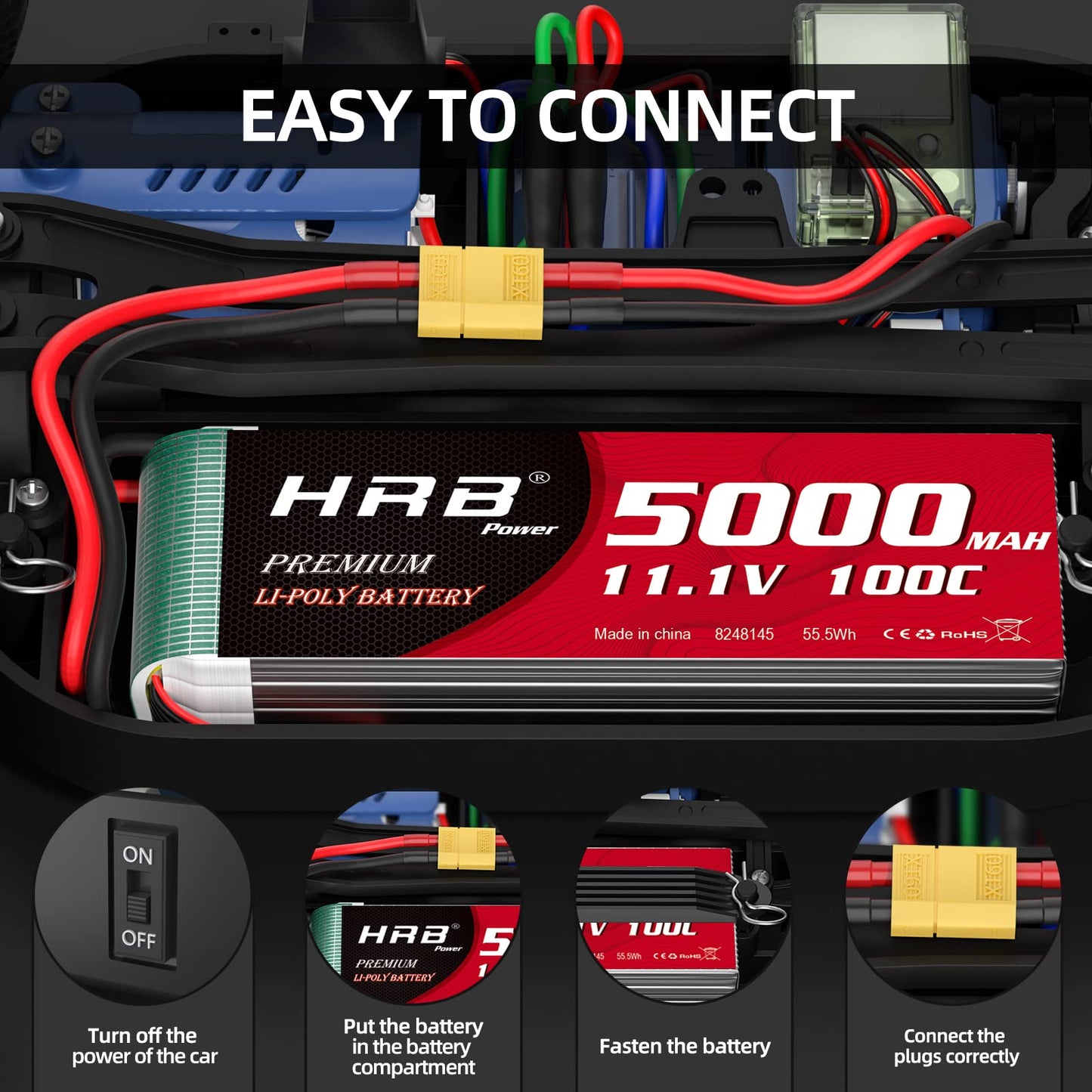 HRB 3S 5000mAh Lipo Battery XT60 100C 11.1V RC Lipo Battery Compatible with RC Car RC Plane RC Truck RC Boat (2packs)