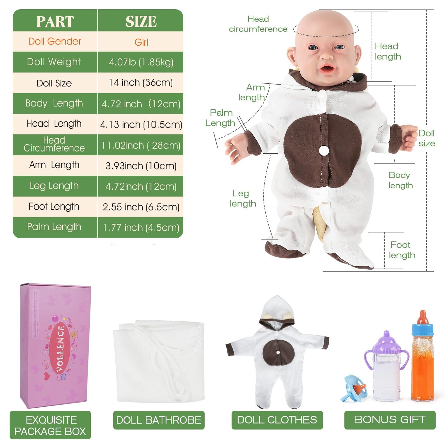 Vollence 14 Inch Full Body Silicone Baby Dolls Lifelike Realistic Premiee Babies For Kids Children Birthday Christmas Toys Prese