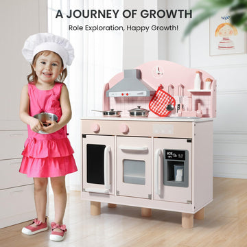 Bluewood Wooden Kids Kitchen Playset For Toddlers Ages 3-8, With Induction Hob, Oven, Ice Maker, Hood, And Tap - Chtelet Creamy